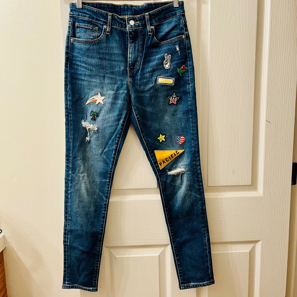 Levis 721 High Rise Montana Sky Riders Skinny Jeans Women 29 Blue Wash Patches